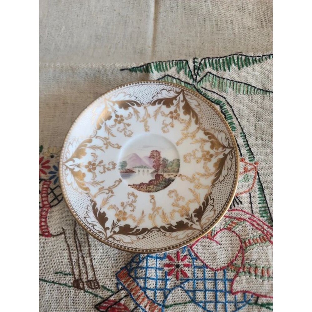 Antique 19thC English Porcelain Scenic Saucer Hand Painted Landscape Gilt G.F.